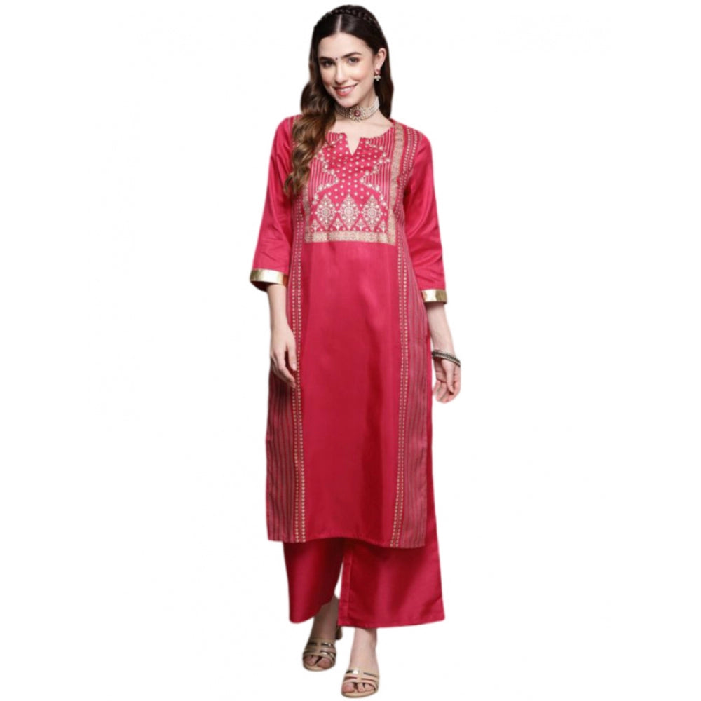 Generic Women's Casual 3-4Th Sleeve Ethnic Motifs Poly Silk Kurti And Palazzo Set (Pink)