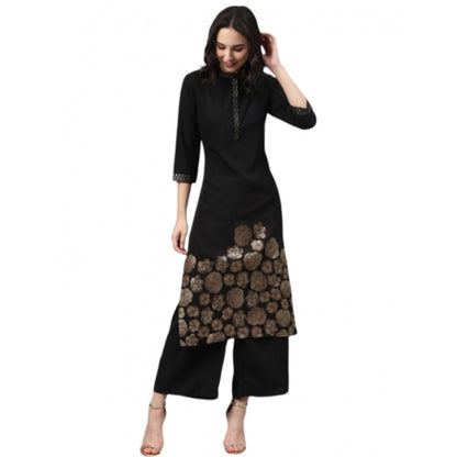 Generic Women's Casual 3-4Th Sleeve Ethnic Motifs Crepe Kurti And Palazzo Set (Black)