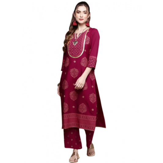 Generic Women's Casual 3-4Th Sleeve Floral /Ethnic Motifs Crepe Kurti And Palazzo Set (Dark Pink)