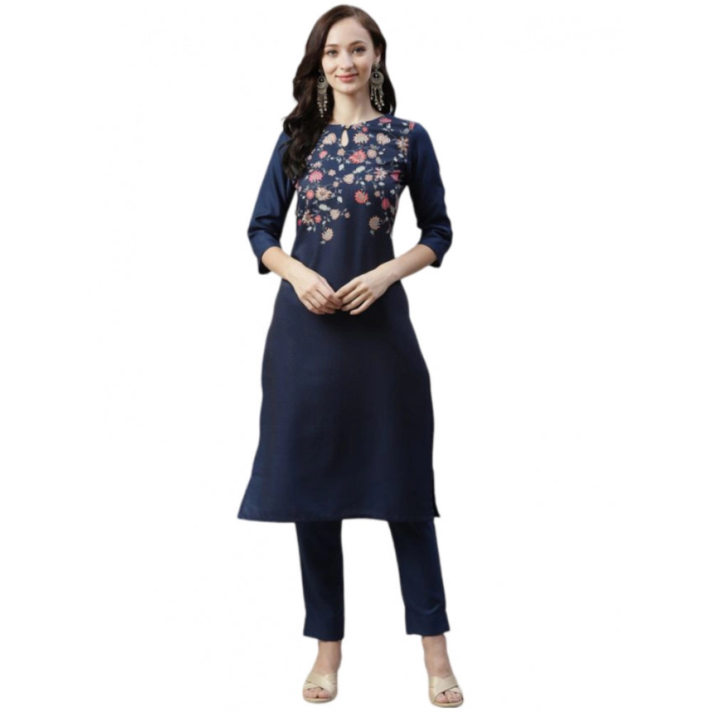 Generic Women's Casual 3-4Th Sleeve Floral Printed Rayon Kurti And Pant Set (Navy Blue)