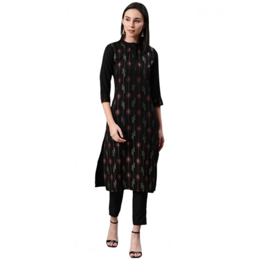 Generic Women's Casual 3-4Th Sleeve Ethnic Motifs Rayon Kurti And Pant Set (Black)