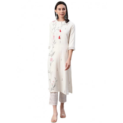 Generic Women's Casual 3-4Th Sleeve Floral Printed Rayon Kurti And Pant Set (Cream)