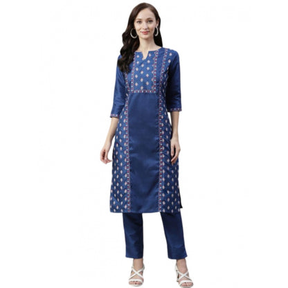 Generic Women's Casual 3-4Th Sleeve Floral Printed Poly Silk Kurti And Pant Set (Blue)