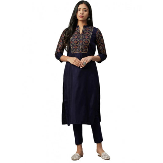 Generic Women's Casual 3-4Th Sleeve Ethnic Motifs Poly Silk Kurti and Pant Set (Blue)