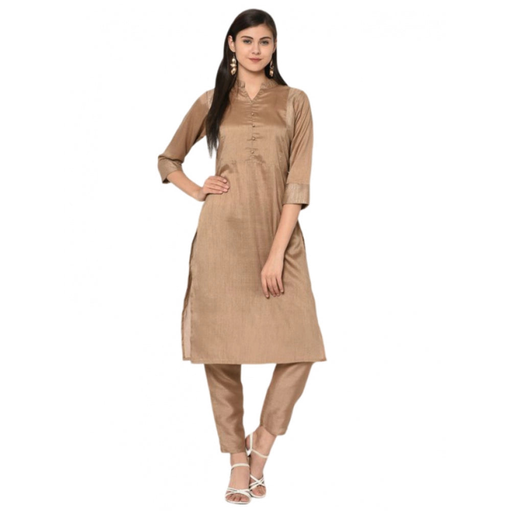 Generic Women's Casual 3-4Th Sleeve Solid Poly Silk Kurti and Pant Set (Brown)