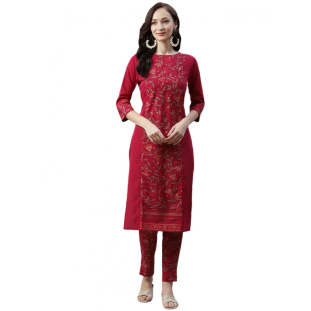 Generic Women's Casual 3-4Th Sleeve Floral Printed Crepe Kurti And Pant Set (Maroon)