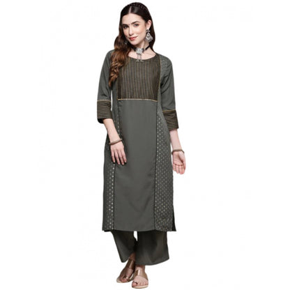 Generic Women's Casual 3-4Th Sleeve Stripes Crepe Kurti and Pant Set (Dark Grey)