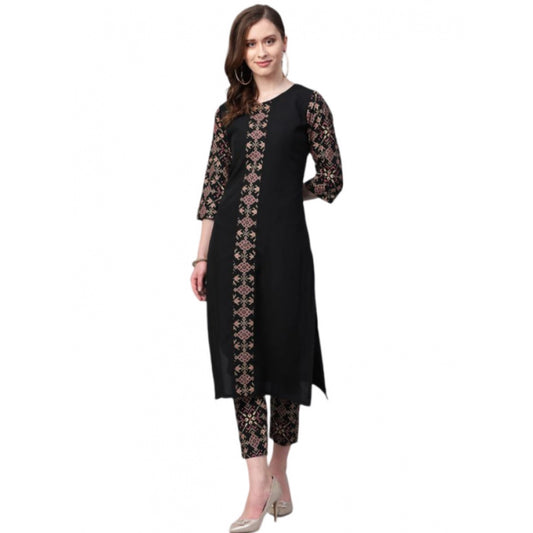 Generic Women's Casual 3-4Th Sleeve Solid Crepe Kurti And Pant Set (Black)