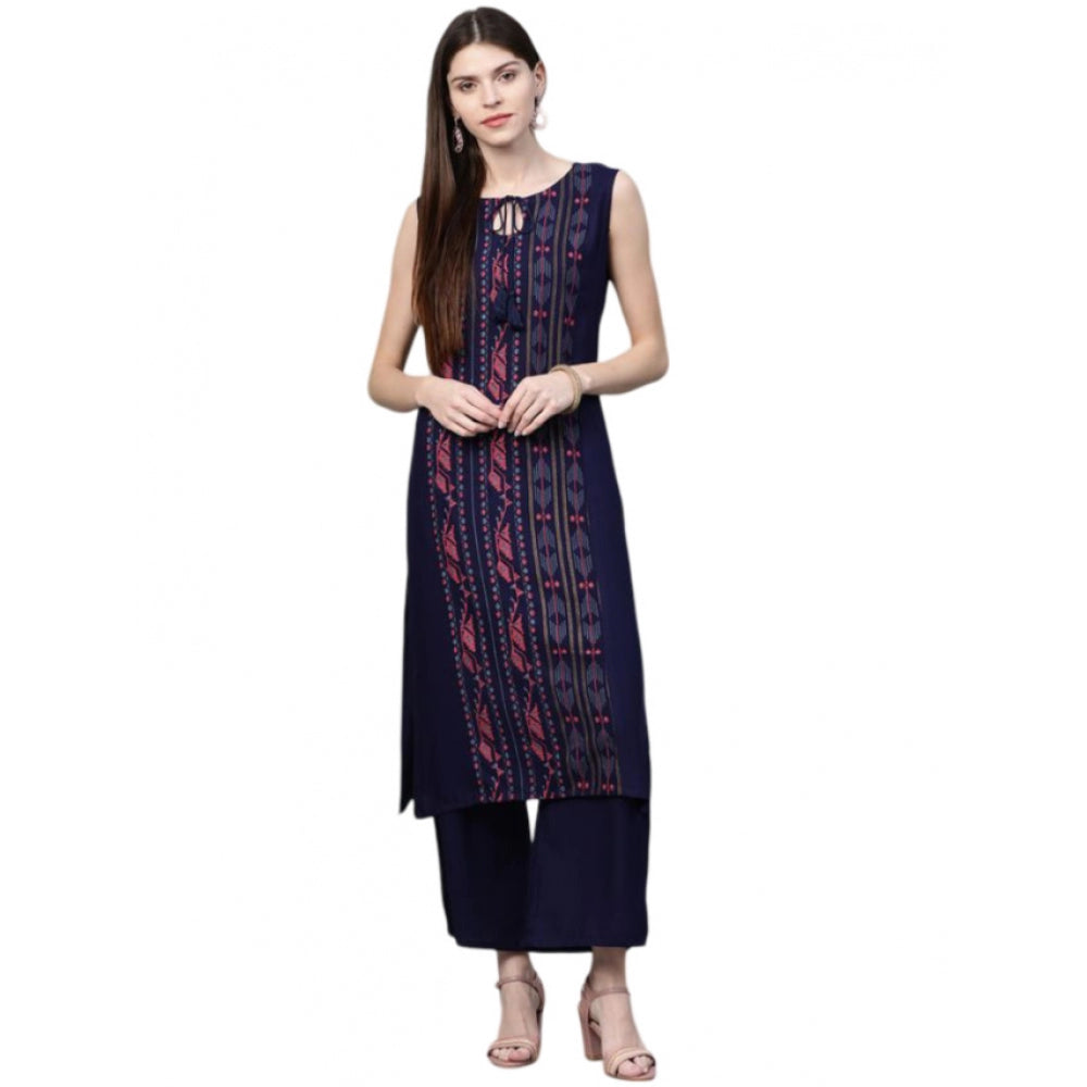 Generic Women's Casual Sleeveless Ikkat Rayon Kurti and Palazzo Set (Navy Blue)