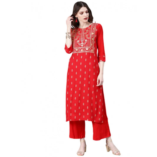 Generic Women's Casual 3-4Th Sleeve Floral Printed Rayon Kurti and Palazzo Set (Red)