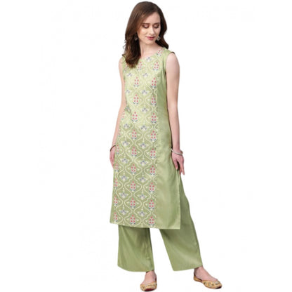 Generic Women's Casual Sleeveless Floral Printed Poly Silk Kurti and Palazzo Set (Green)