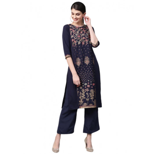 Generic Women's Casual 3-4Th Sleeve Floral Printed Crepe Kurti And Palazzo Set (Navy Blue)