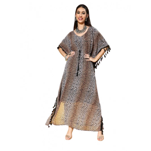 Generic Women's Casual Half Sleeve Animal Printed Georgette Kurti (Brown)