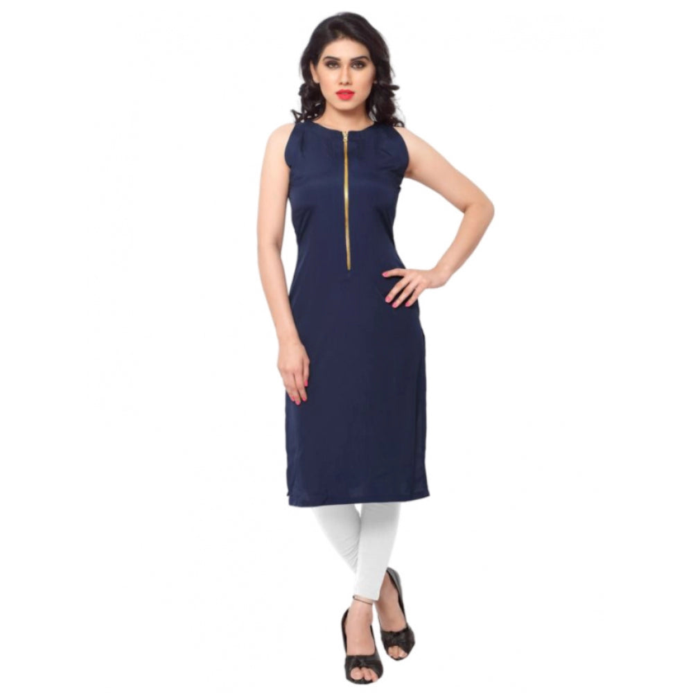 Generic Women's Casual Sleeveless Solid Crepe Kurti (Blue)