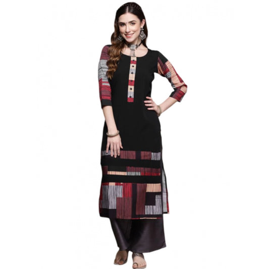 Generic Women's Casual 3-4Th Sleeve Ethnic Motifs Crepe Kurti (Black)