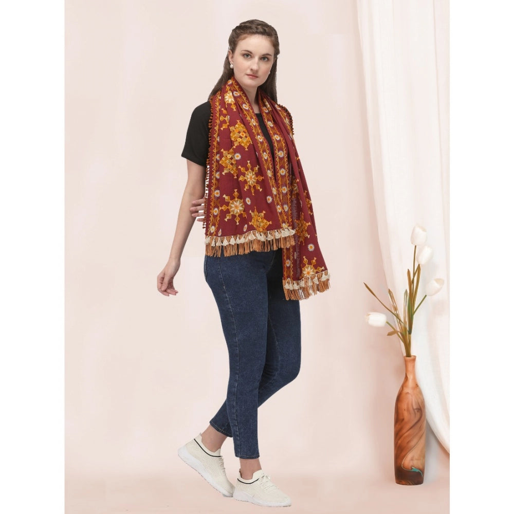 Generic Women's Cotton Embroidered Muffler (Maroon, Length: 0.5 to 1 Mtr)