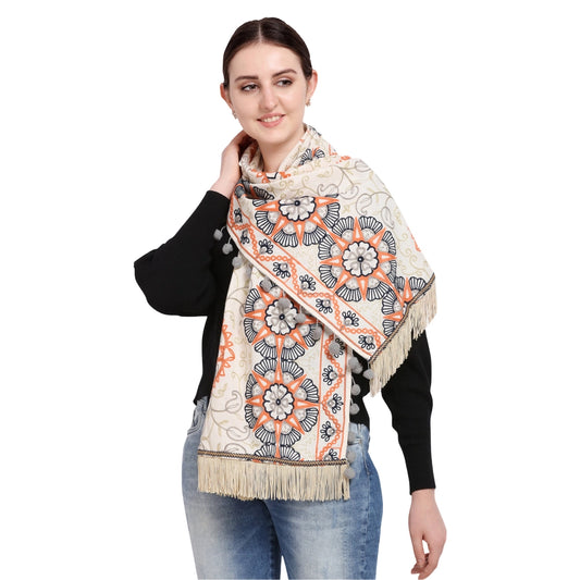 Generic Women's Cotton Embroidered Muffler (Off White, Length: 0.5 to 1 Mtr)