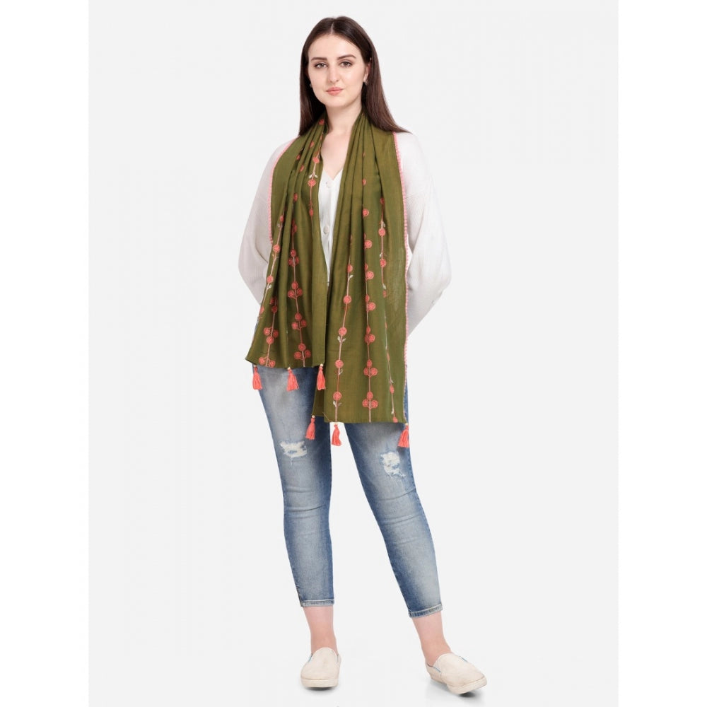 Generic Women's Cotton Opaque Stole (Olive, Length: 1.5 to 2 Mtr)