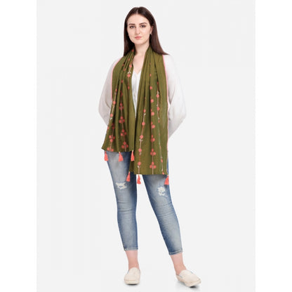 Generic Women's Cotton Opaque Stole (Olive, Length: 1.5 to 2 Mtr)