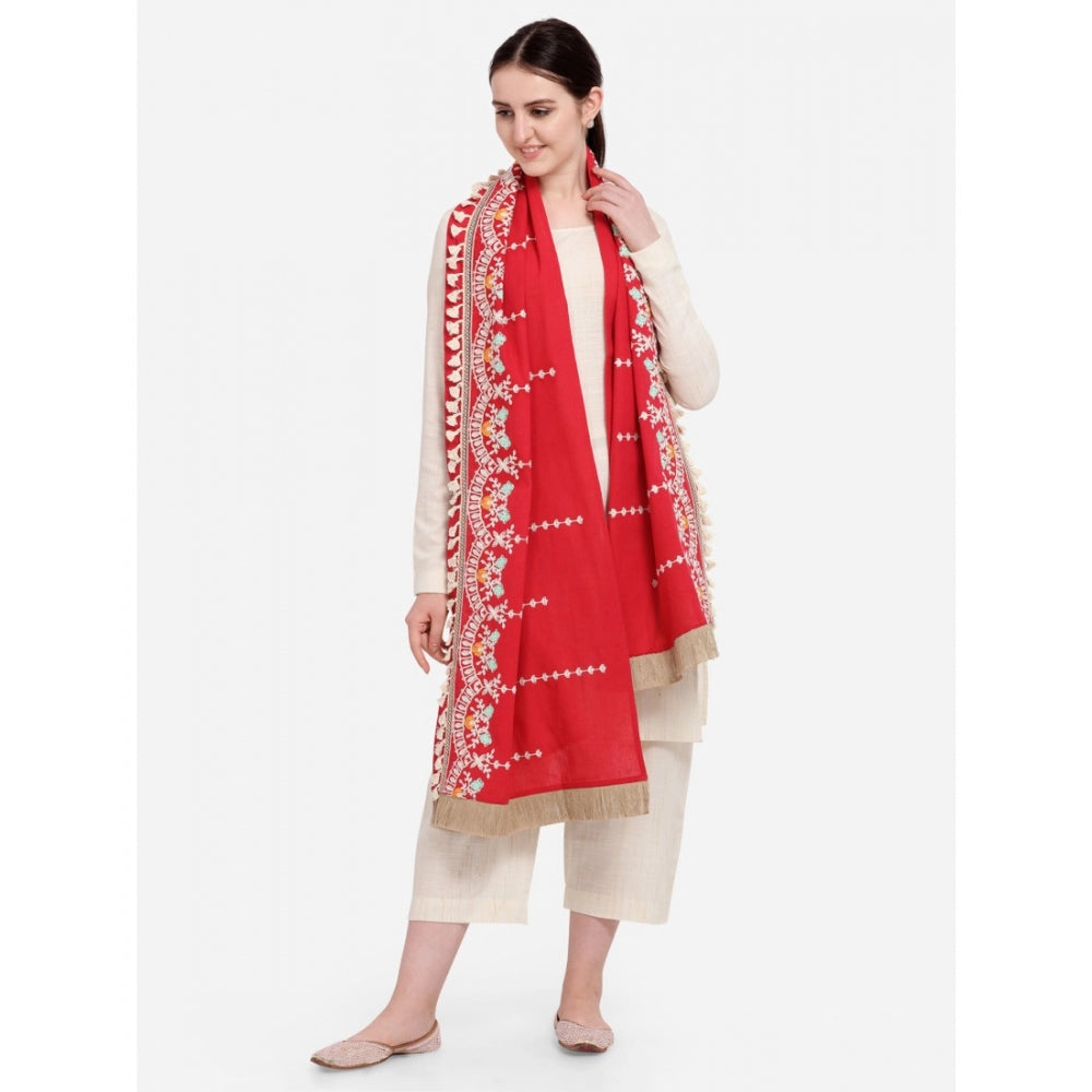 Generic Women's Cotton Embroidered Dupatta (Red, Length: 1.5 to 2 Mtr)