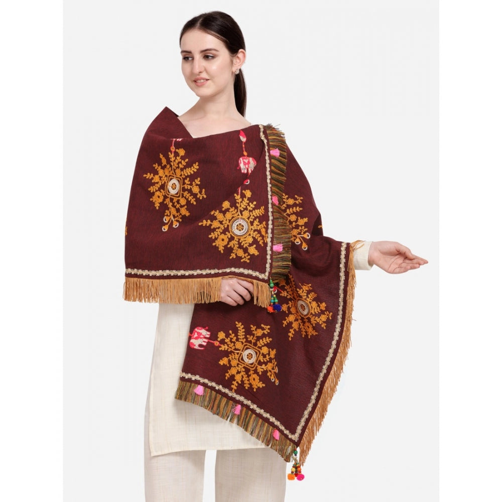 Generic Women's Cotton Embroidered Dupatta (Maroon, Length: 1.5 to 2 Mtr)