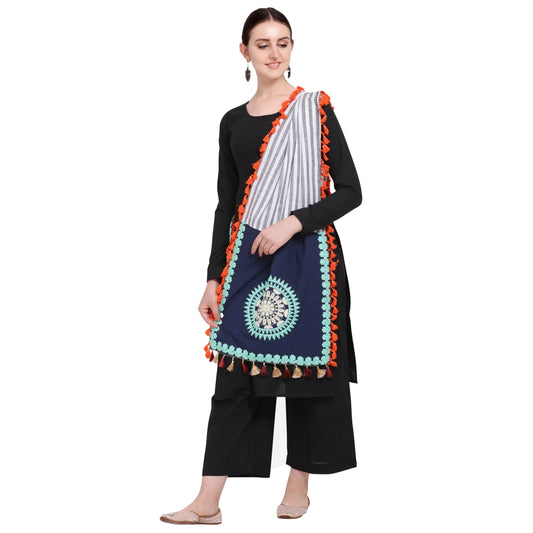 Generic Women's Cotton Embroidered Dupatta (Navyblue, Length: 0.5 to 1 Mtr)