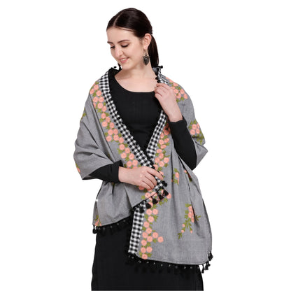 Generic Women's Cotton Embroidered Dupatta (Gray, Length: 0.5 to 1 Mtr)