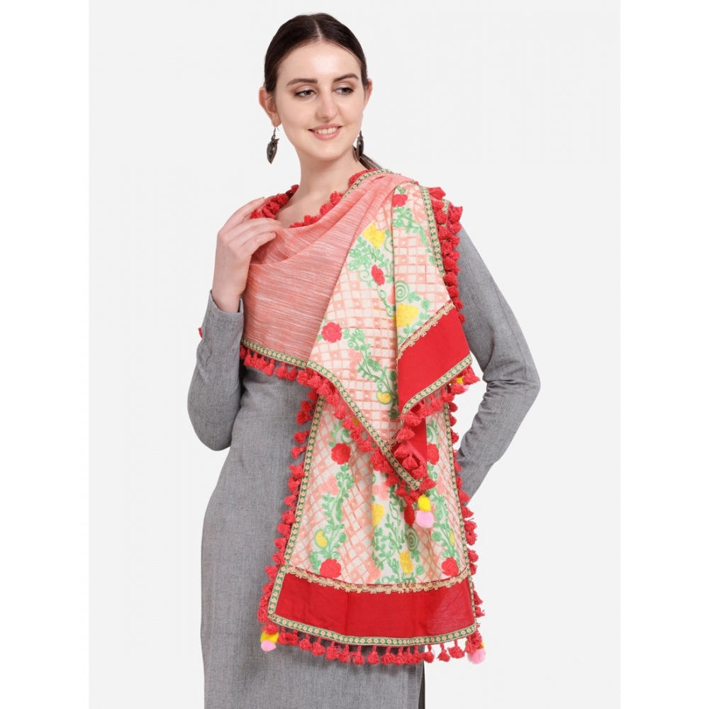 Generic Women's Cotton Embroidered Dupatta (Peach, Length: 1.5 to 2 Mtr)