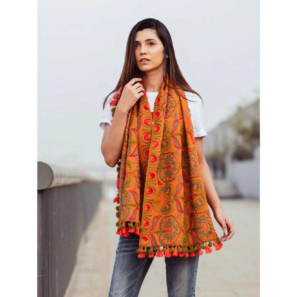 Generic Women's Cotton Embroidered Muffler (Orange, Length: 0.5 to 1 Mtr)