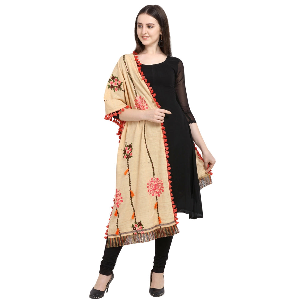 Generic Women's Cotton Embroidered Dupatta (Beige, Length: 1.5 to 2 Mtr)