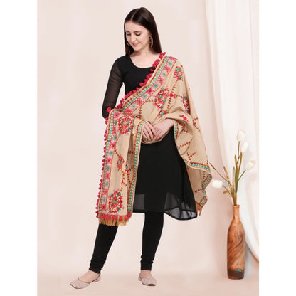 Generic Women's Cotton Embroidered Dupatta (Beige, Length: 0.5 to 1 Mtr)