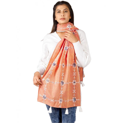 Generic Women's Cotton Opaque Stole (Peach, Length: 1.5 to 2 Mtr)