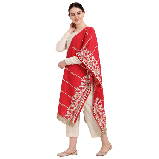 Generic Women's Cotton Embroidered Dupatta (Red, Length: 1.5 to 2 Mtr)