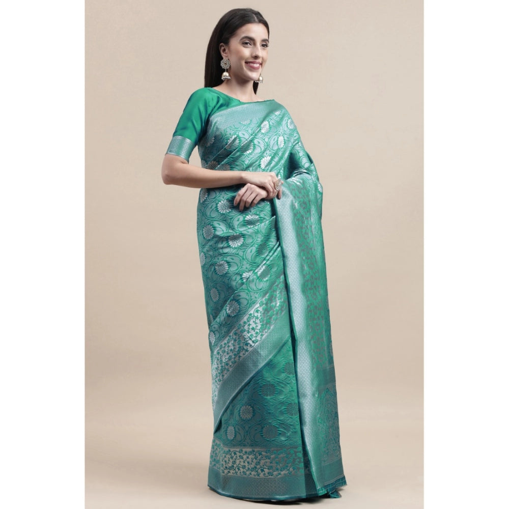 Generic Women's Kanjivaram Silk Designer Silver Weaving Saree With Unstitched Blouse (Green, 5.50 Mtrs)