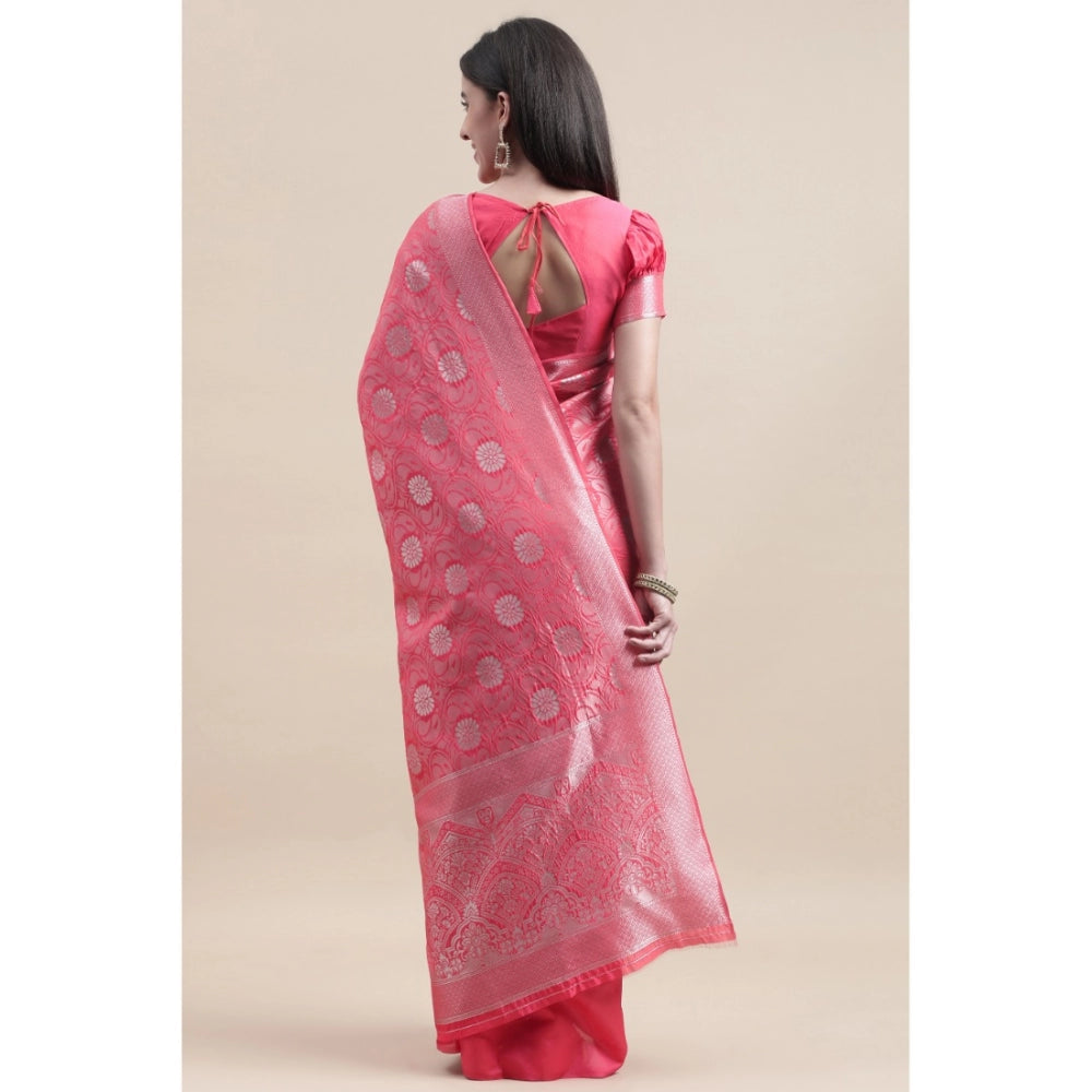 Generic Women's Kanjivaram Silk Designer Silver Weaving Saree With Unstitched Blouse (Pink, 5.50 Mtrs)