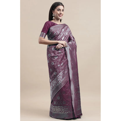 Generic Women's Kanjivaram Silk Designer Silver Weaving Saree With Unstitched Blouse (Purple, 5.50 Mtrs)