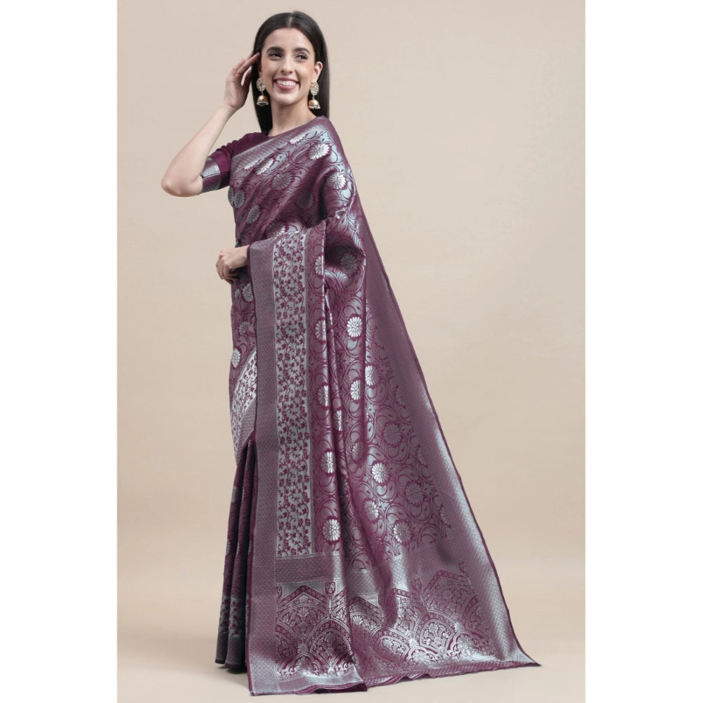 Generic Women's Kanjivaram Silk Designer Silver Weaving Saree With Unstitched Blouse (Purple, 5.50 Mtrs)