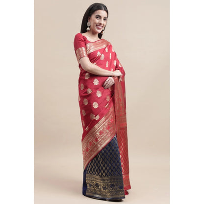 Generic Women's Kanjivaram Silk Designer Weaving Saree With Unstitched Blouse (Red,Blue, 5.50 Mtrs)