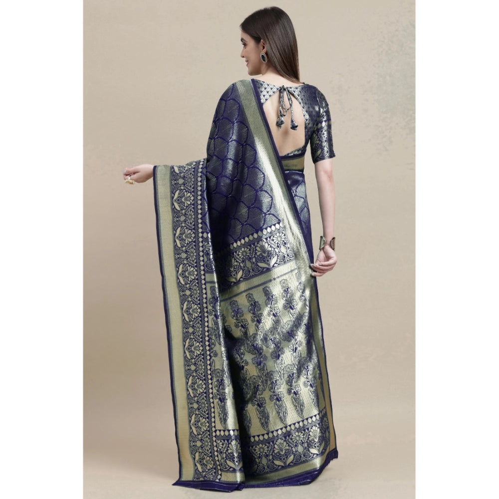 Generic Women's Banarasi Silk Designer Weaving Saree With Unstitched Blouse (Blue, 5.50 Mtrs)