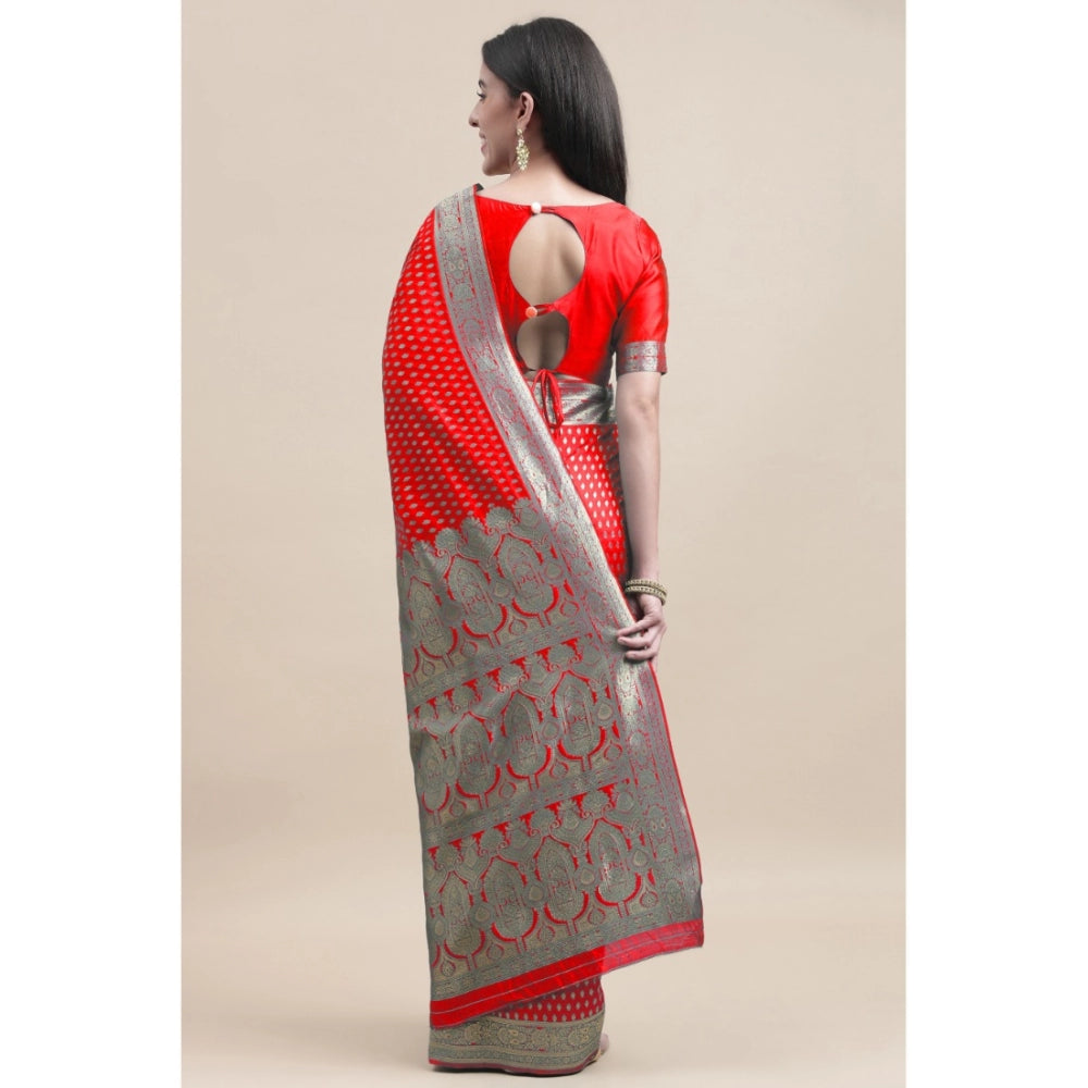 Generic Women's Kanjivaram Silk Designer Weaving Saree With Unstitched Blouse (Red, 5.50 Mtrs)