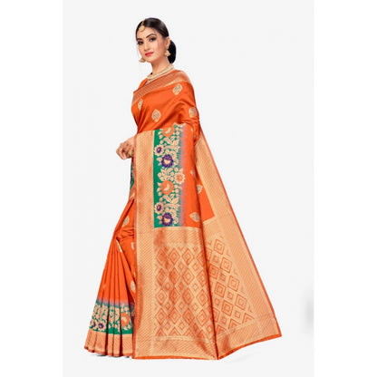 Generic Women's Banarasi Silk Designer Weaving Saree With Unstitched Blouse (Orange, 5.50 Mtrs)