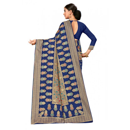 Generic Women's Banarasi Silk Designer Weaving Saree With Unstitched Blouse (Blue, 5.50 Mtrs)