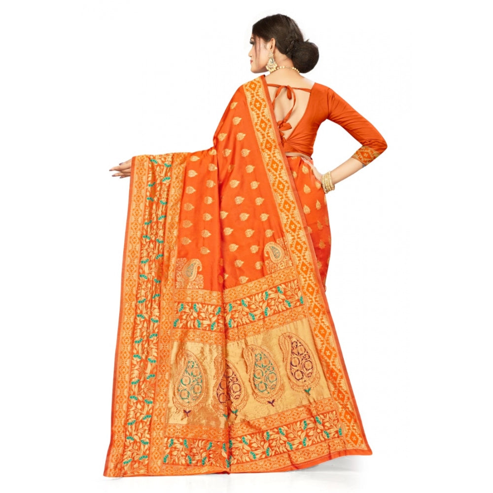 Generic Women's Banarasi Silk Designer Weaving Saree With Unstitched Blouse (Orange, 5.50 Mtrs)