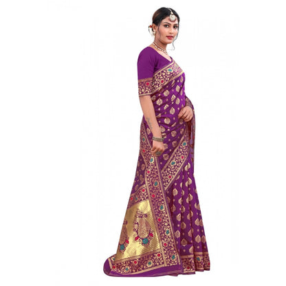 Generic Women's Banarasi Silk Designer Weaving Saree With Unstitched Blouse (Purple, 5.50 Mtrs)