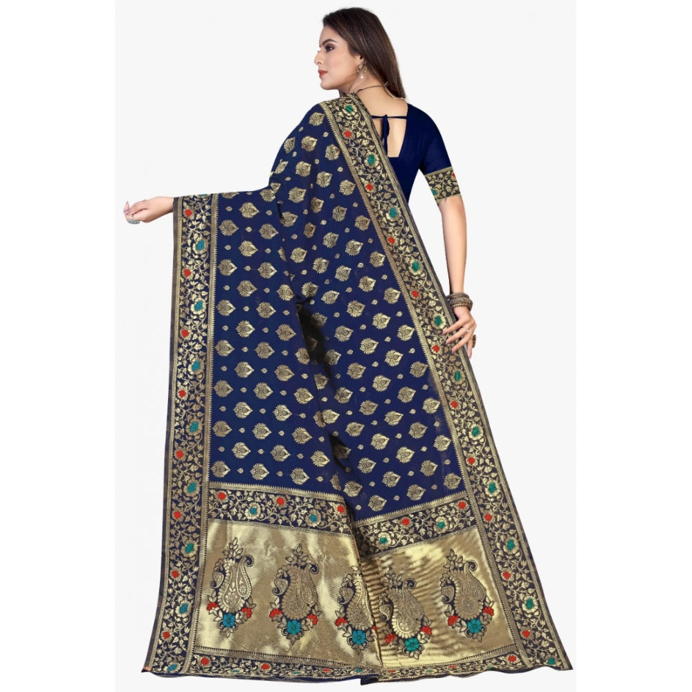 Generic Women's Banarasi Silk Designer Weaving Saree With Unstitched Blouse (Blue, 5.50 Mtrs)