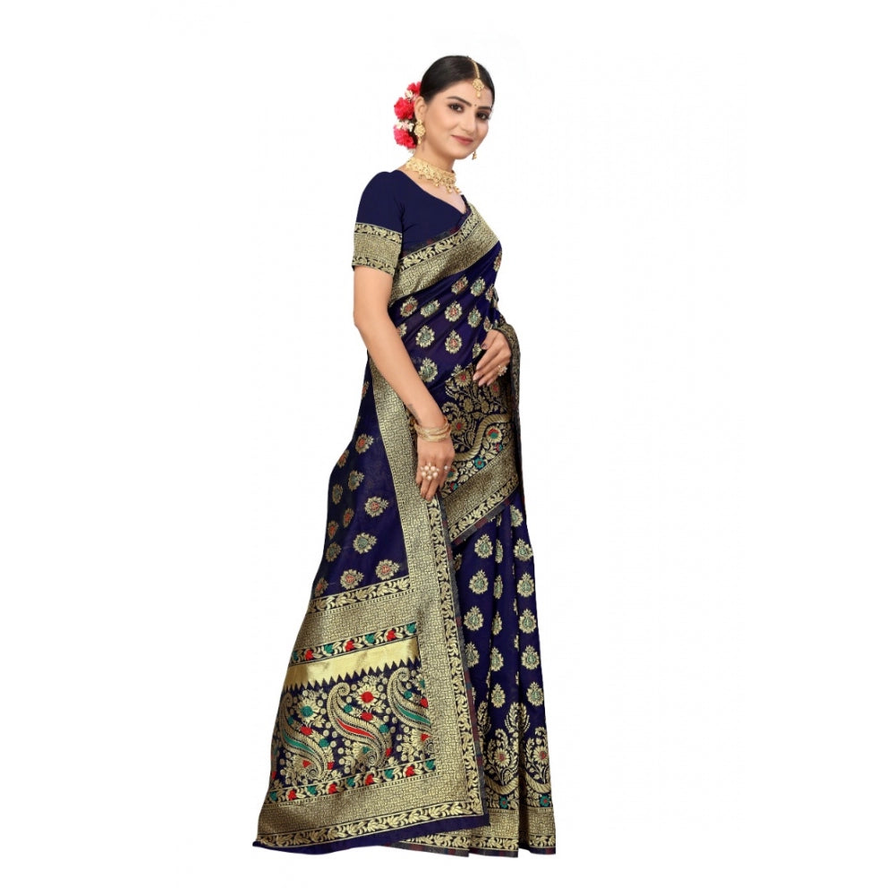 Generic Women's Banarasi Silk Designer Weaving Saree With Unstitched Blouse (Blue, 5.50 Mtrs)