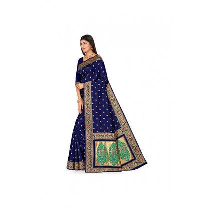 Generic Women's Banarasi Silk Designer Weaving Saree With Unstitched Blouse (Blue, 5.50 Mtrs)