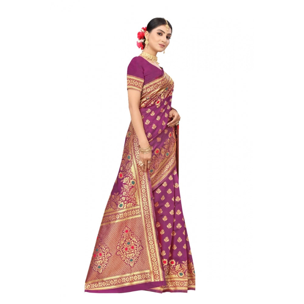 Generic Women's Banarasi Silk Designer Weaving Saree With Unstitched Blouse (Purple, 5.50 Mtrs)