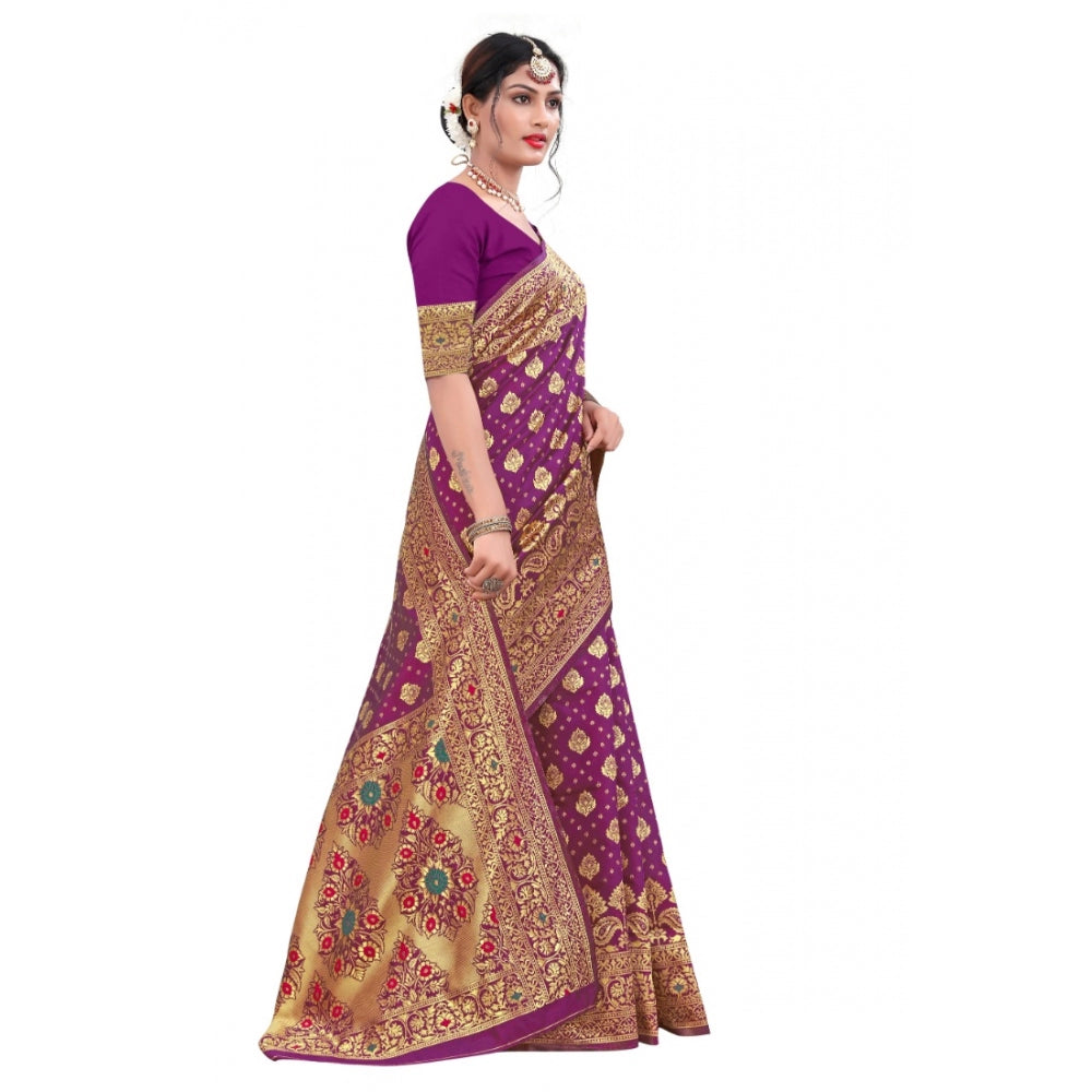 Generic Women's Banarasi Silk Designer Weaving Saree With Unstitched Blouse (Purple, 5.50 Mtrs)