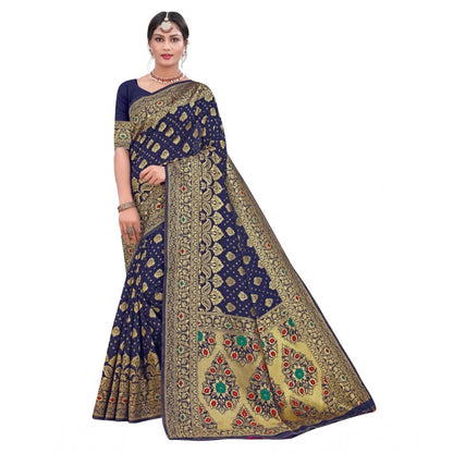 Generic Women's Banarasi Silk Designer Weaving Saree With Unstitched Blouse (Blue, 5.50 Mtrs)